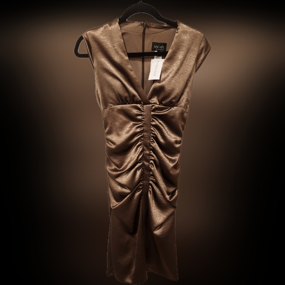 Bronze Ruffle Dress XSCAPE by Joanna Chen Size 4 NWT
